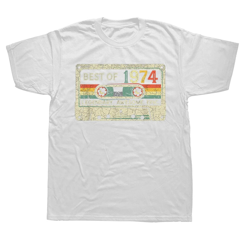 Cassetta a cassetta vintage in edizione limitata del 1974, cinquantesimo compleanno, maglietta di 50 anni, grafica in cotone, streetwear, manica corta_voghion.com