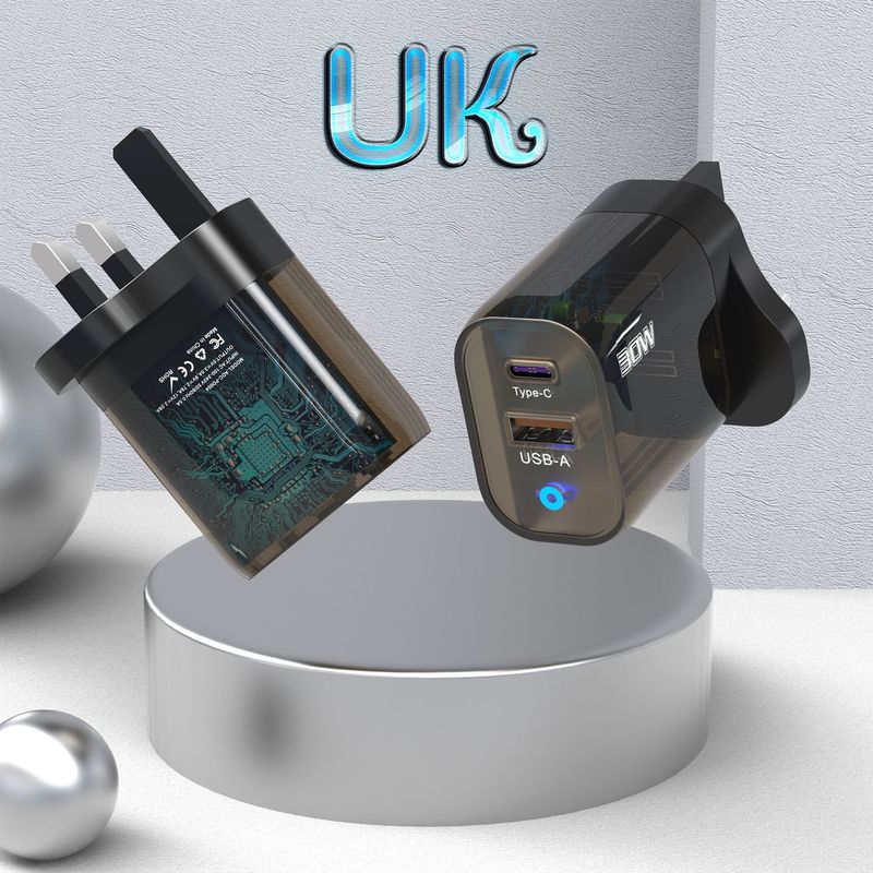 2024 30W transparentes Mobiltelefonladegerät TYPE-C + USB-Mehrfachladegerät Vollprotokoll brauner Schnellladekopf_voghion.com