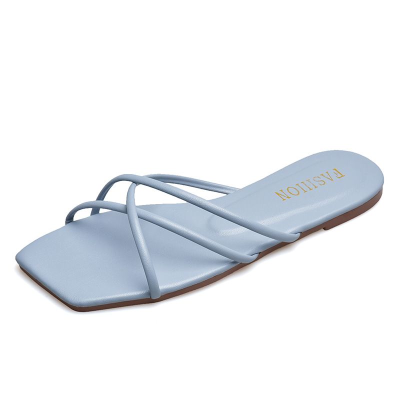 Fairy Style Slippers For Women New 2025 Summer Outdoor Korean Version Simple Thin Strap Square Toe Flat Beach Sandals_voghion.com