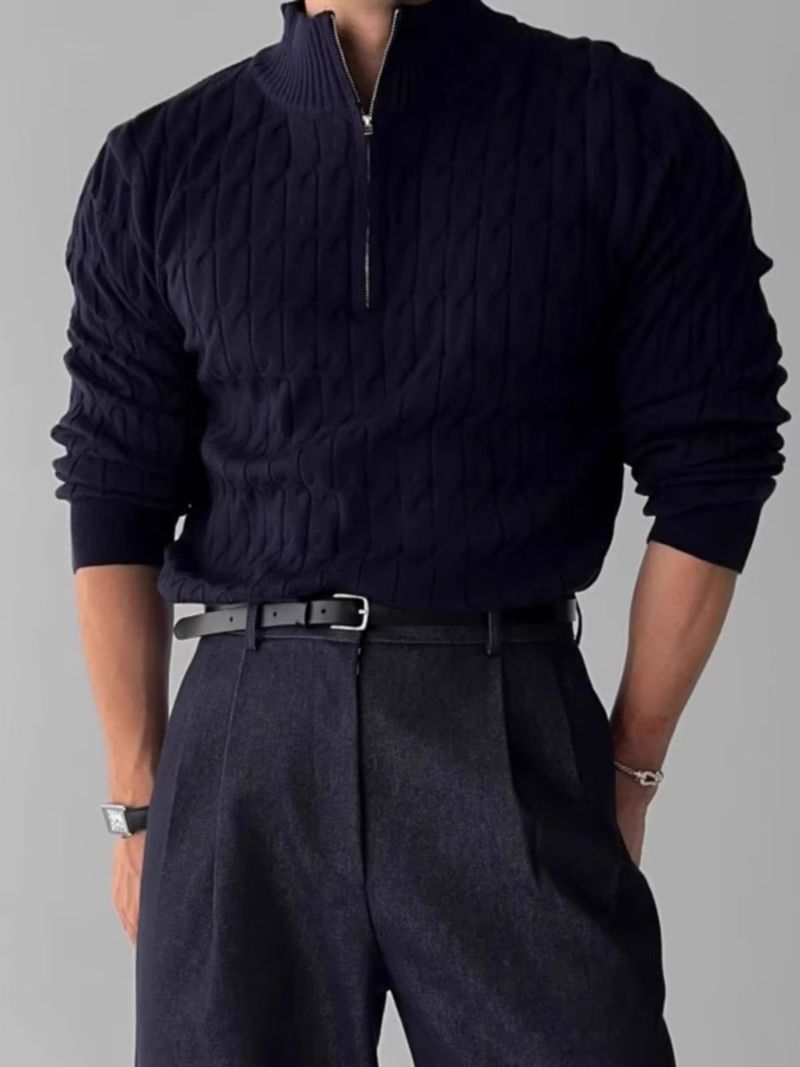 Maglione oversize in maglia grossa con cerniera e collo a dolcevita da uomo, casual, per l'inverno, alla moda e versatile (bianco/nero)_voghion.com