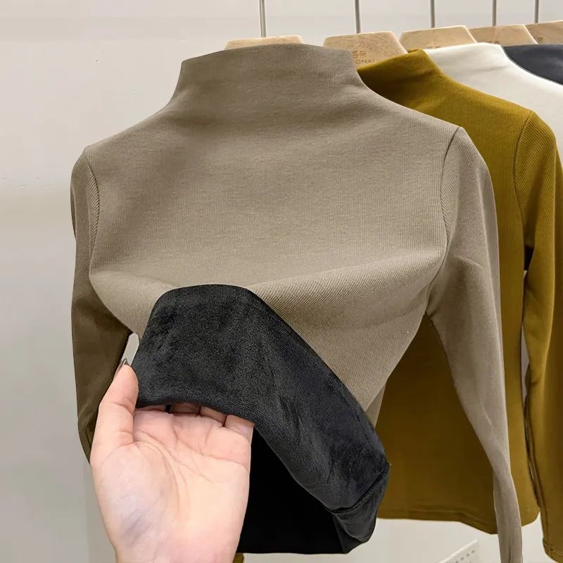 Maglietta a collo alto da donna con fodera in pile termico - Strato di base caldo invernale con pile di volpe argentata, maglia a maniche lunghe attillata per il freddo_voghion.com
