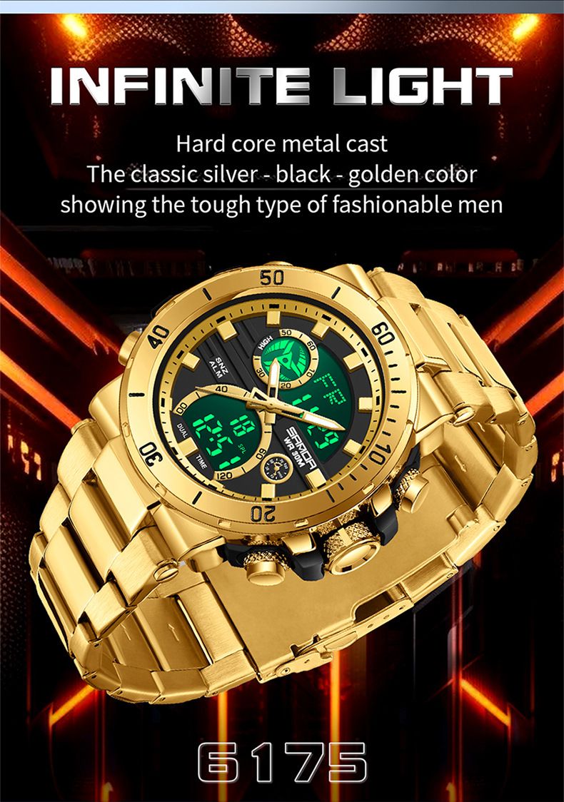 Montre homme en acier inoxydable à double affichage, multifonctionnelle : étanche, rétroéclairage LED, chronomètre, alarme, heure universelle, bracelet en acier inoxydable._voghion.com