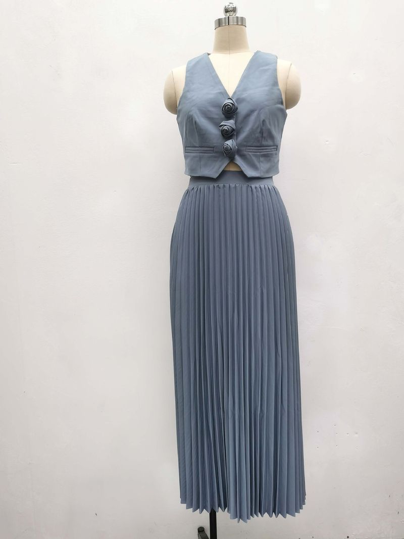 Damenbekleidung, neue Anzüge für Damen, Sommer, ärmellose Weste, halblanger, plissierter langer Rock, zweiteiliger Anzug_voghion.com