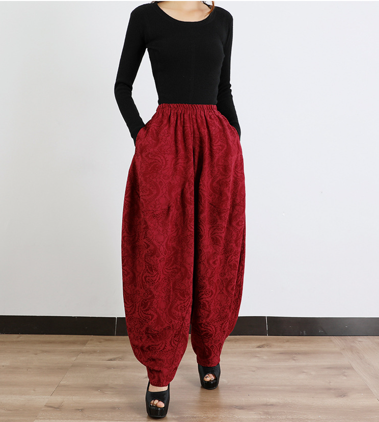 2024 nei Retro Kotteng a Léngen Jacquard breet Been Hosen Héichtaille Damenhosen Lantern Muert Hosen locker schlank Casual Hosen_voghion.com