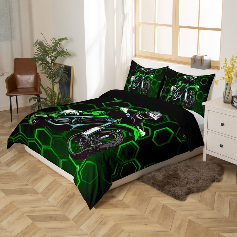 Juego de funda nórdica con diseño de motocross en panal verde, tamaño cuna, para hombre, juego de ropa de cama para deportes extremos, funda de edredón geométrica hexagonal con juego de camas de moto._voghion.com