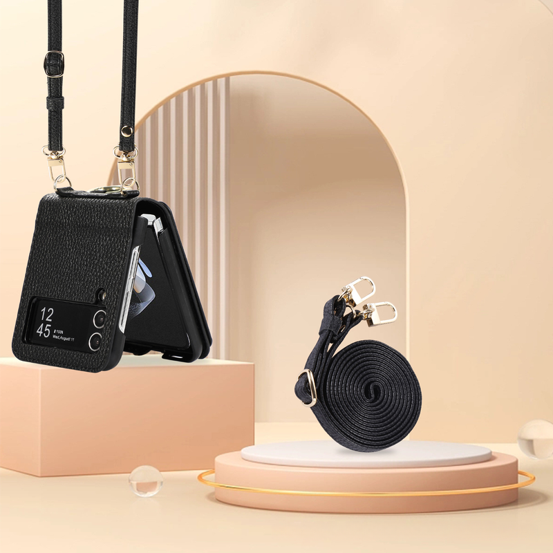 Suitable For Samsung Z Flip5 Folding Crossbody Mobile Phone Case Z Flip4 Card Slot Protective Cover Wrist Strap Bracket Leather Case_voghion.com
