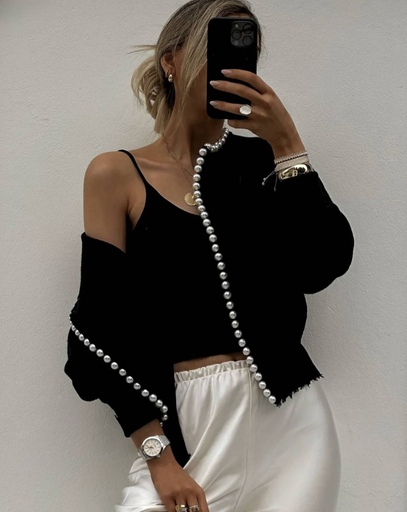 Short Sleeveless Pearl-Trimmed Knit Cardigan – 3D Textured Open-Front Sweater (Black/White, S-XL)_voghion.com