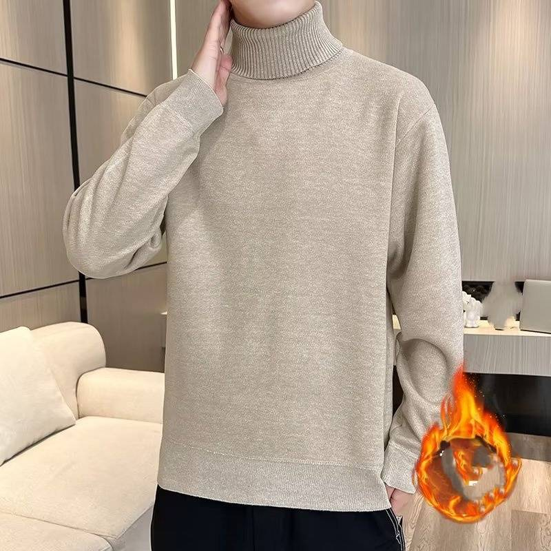 Maglione da uomo con collo alto e fodera in pile – Pullover oversize in maglia (8 colori, calore invernale)_voghion.com