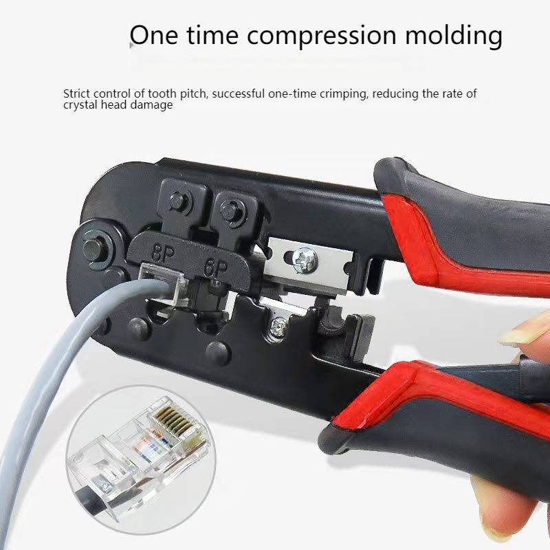 Crimpadora de trinquete profesional para RJ45/RJ11, ergonómica, de dos colores, con cuchillas de acero al carbono._voghion.com