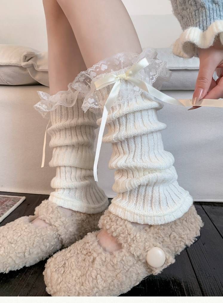Scaldamuscoli, stivali, calzini alla moda in cotone per donna, primavera e autunno, stile balletto, fiocco in pizzo, calzini dolci impilati, calzini caldi in maglia per autunno e inverno_voghion.com