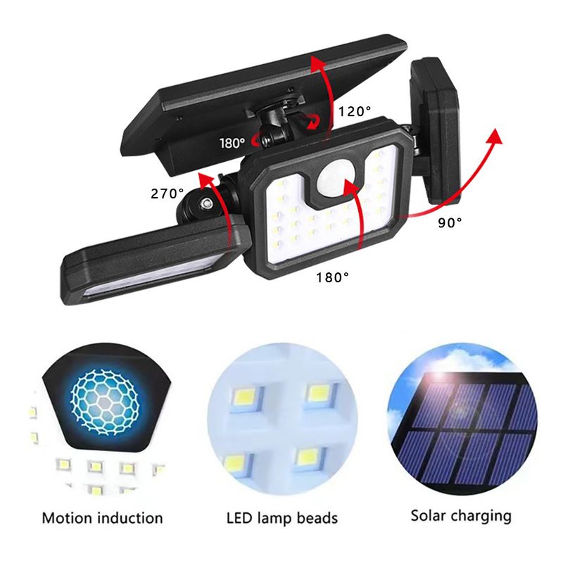 Buitenzonne-energie driezijdige draaibare wandlamp intelligente inductie brede hoek waterdichte duurzame tuinlamp_voghion.com