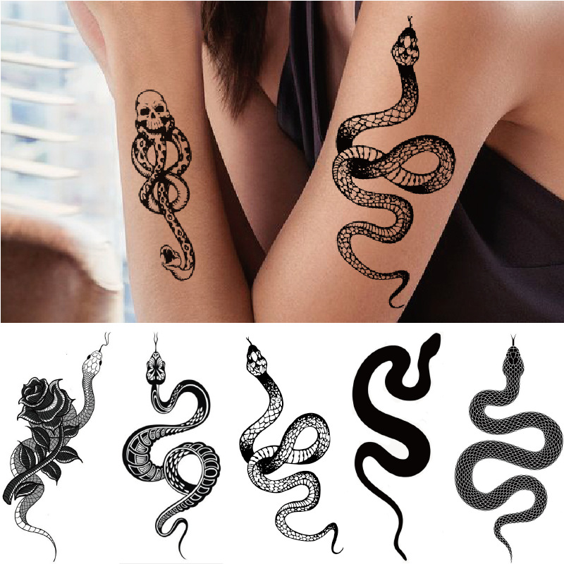Nuovo tatuaggio adesivo con fiore, teschio, serpente, mamba nero e vipera della morte, alla moda e scuro_voghion.com