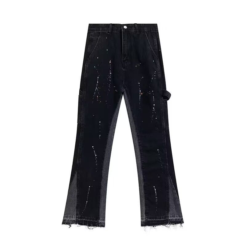 Vêtements pour hommes High Street Ink Splashed Splicing Vibe Style Jeans évasés pour hommes et femmes Ins Pantalons droits amples et longs_voghion.com