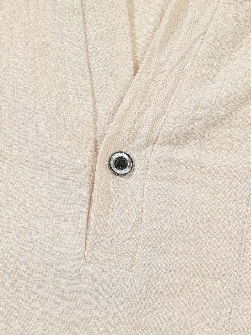 Camicia da uomo a maniche corte in lino e cotone – Collo alto traspirante, vestibilità comoda, casual (S-XXXL, blu navy/bianco/albicocca)_voghion.com