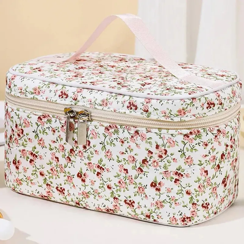 Borsa cosmetica in cotone con motivo floreale, capiente, con doppia cerniera, organizer per trucco, portatile, da viaggio, per lavare 250318l_voghion.com