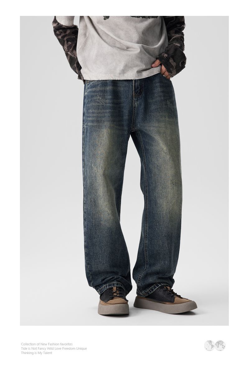 Jeans elasticizzati CLEANFIT da uomo, larghi e dritti, modello Harlan, alla moda, lunghi, a vita media, stile retrò americano, lavato, possono contenere fino a otto barili, Xiansen K11_voghion.com