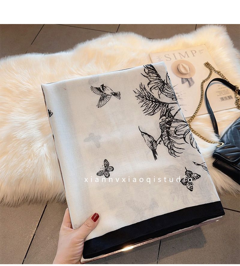 Sciarpa in cotone e lino con motivo a farfalla in bianco e nero, stile nazionale, grande scialle da donna, sciarpa calda, sciarpa lunga in seta sottile per autunno e inverno_voghion.com