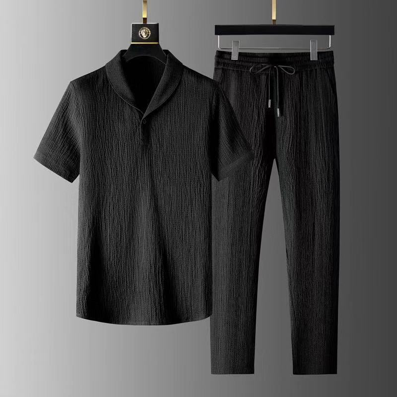 Plissert todelt dress for menn Tynn bomull og lin Kortermet T-skjorte V-hals Hvit fritidsdress_voghion.com