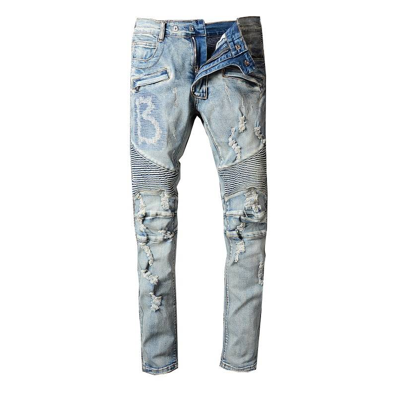 Jean bleu délavé à patchwork de mode Pantalon en denim pour hommes à poches multiples avec fermeture éclair Pantalon de motard déchiré en denim de créateur pour hommes_voghion.com