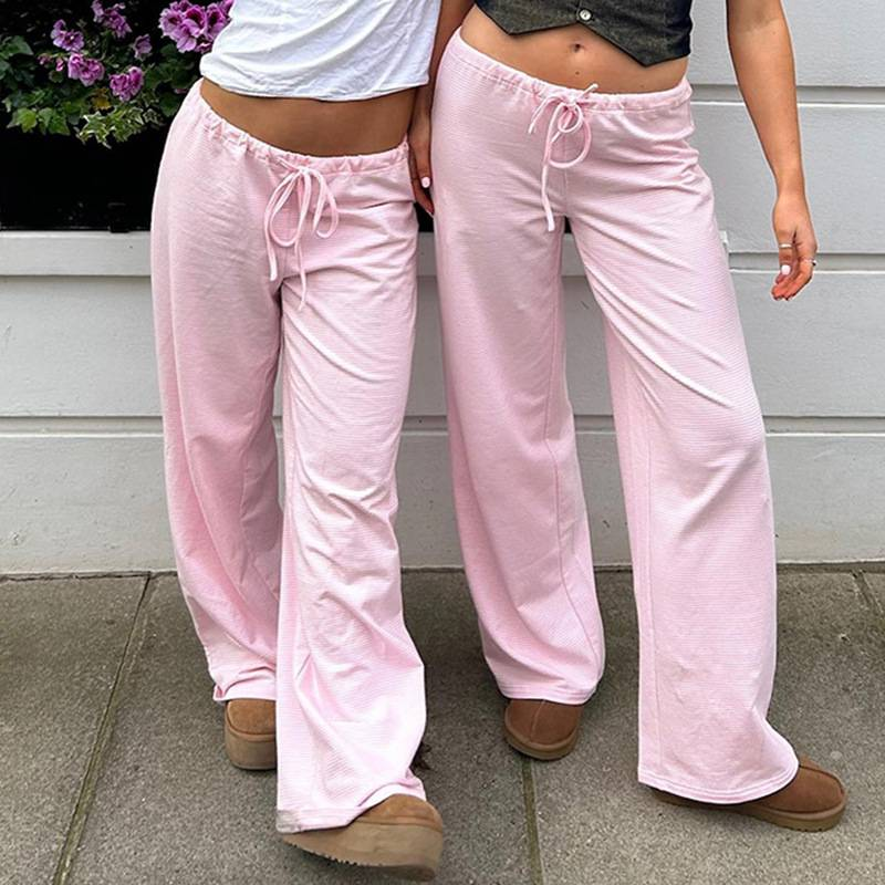 Lässige Streifen Niedrige Taille Baggy Jogginghose Kordelzug Elastische Hose Frauen Beiläufige Lose Gerade Bein Hosen Sommer Streetwear_voghion.com