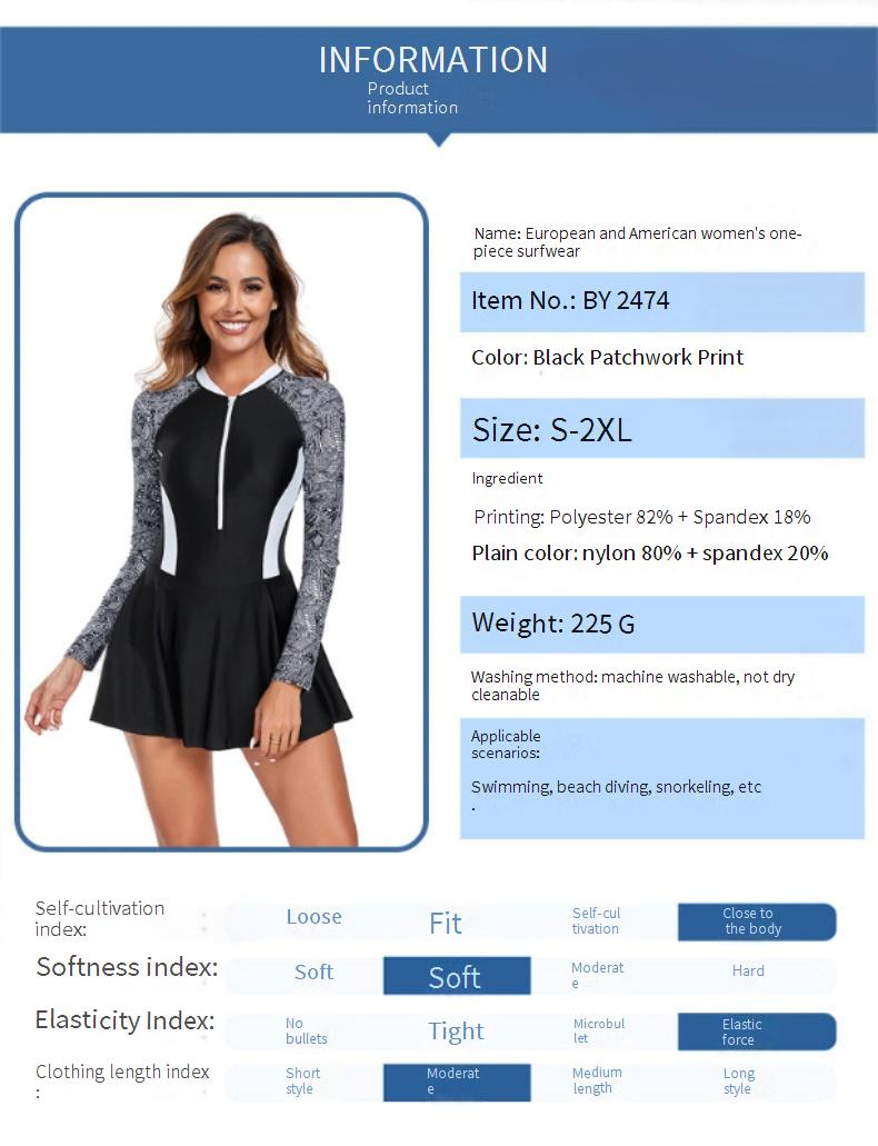 Costume da bagno Rashguard a maniche lunghe da donna - Vestito da surf e da spiaggia a blocchi di colore con cerniera frontale, vestibilità aderente, protezione UV UPF 50+_voghion.com