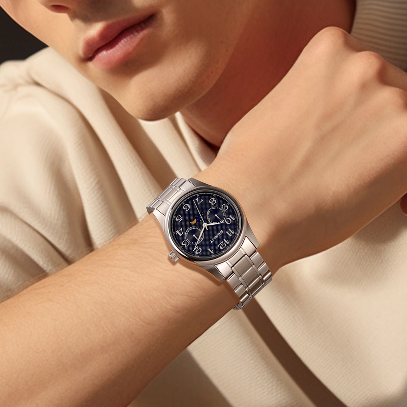 BERNY Watches For Men MultiFunction Analog Quartz Moon Phase Watch With Day Date Stainless Steel Easy To Read Waterproof Dress Men's Wrist Watch_voghion.com