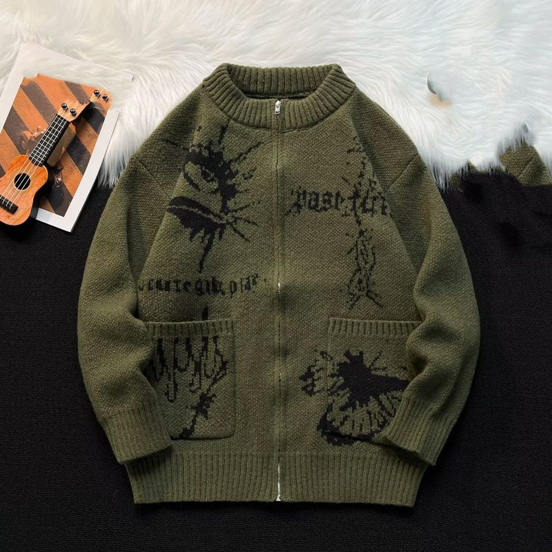 Retro Zip-Up Knit Cardigan – Unisex Oversized Sweater With Artistic Print_voghion.com