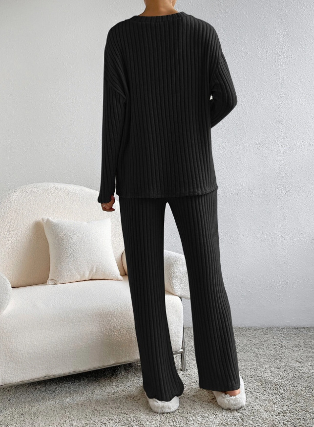 Women's clothing two-piece set for women fashion casual straight pants temperament loose V-neck pit strip knitted set_voghion.com