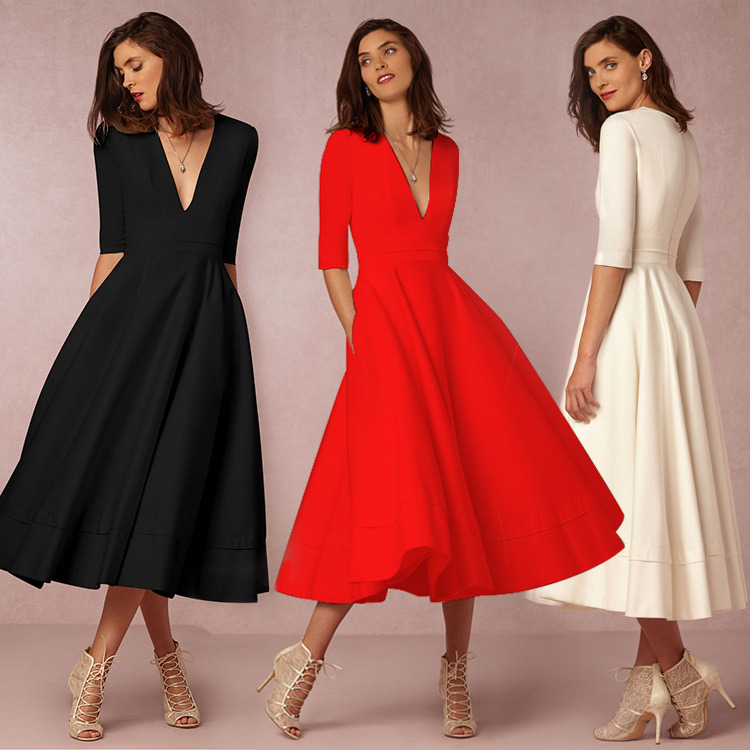 Abito da donna sexy a mezza manica con scollo a V profondo. Abito di media lunghezza_voghion.com