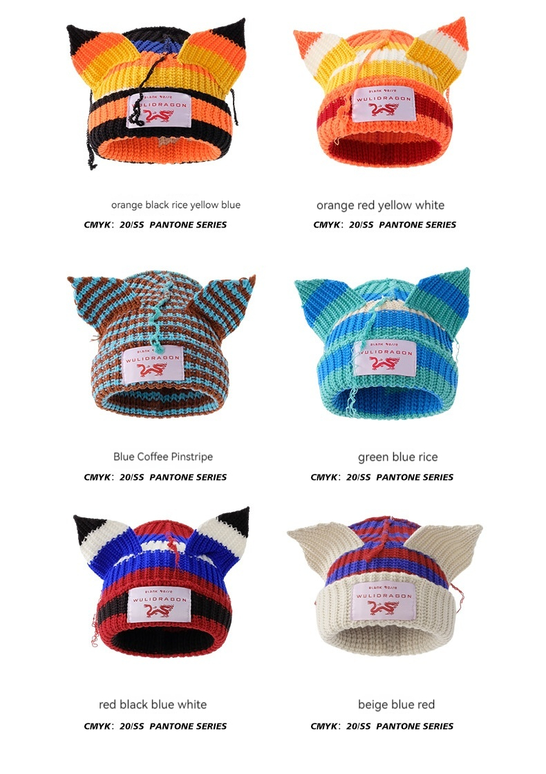 New Niche Design with Contrasting Colors, Cute Cat Ears, Autumn and Winter Wool Hats, Thickened Warm Knit Hats, Children's Cold Hats_voghion.com