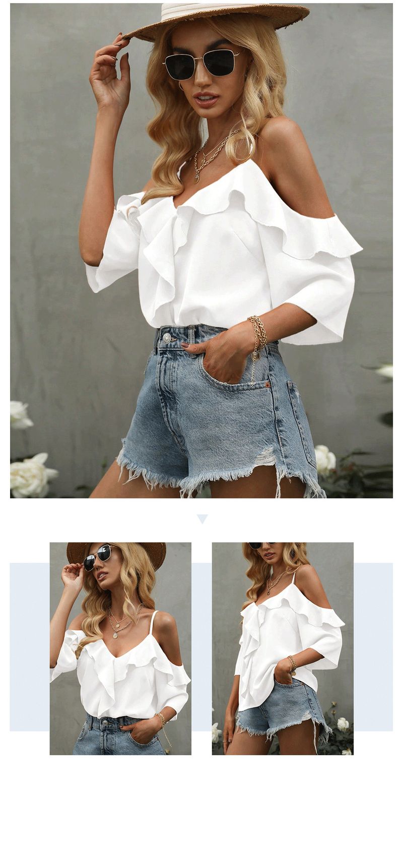 Blusa informal elegante de manga corta con cuello con volantes para mujer, de poliéster suave, transpirable y cómoda, ideal para primavera y verano._voghion.com