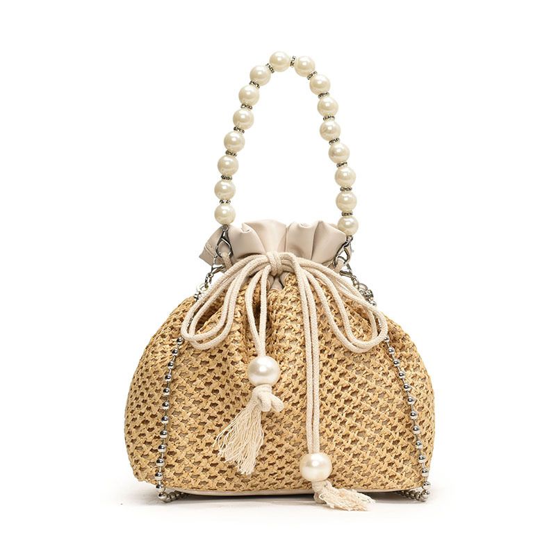 Sac bandoulière tendance en perles pour femme cette année, nouveau sac seau décontracté en paille tissée avec cordon de serrage_voghion.com
