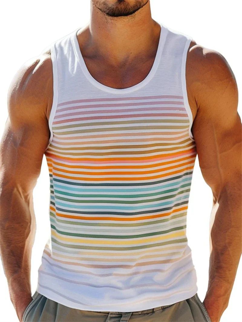Vacation Refreshing Slightly Elastic Polyester Colorful Striped 3D Printed Wide Men Summer Sleeveless Vest_voghion.com