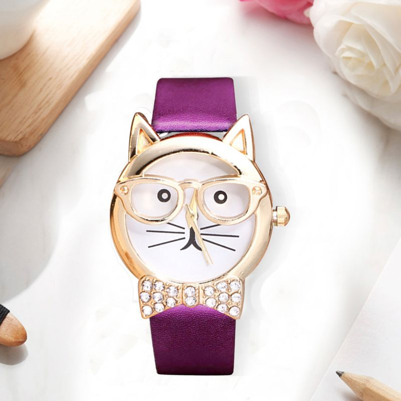 Yamaler Cute Cat Face Rund Skift Rhinestone Kunstlæder Kvinder Analog Quartz Armbåndsur_voghion.com