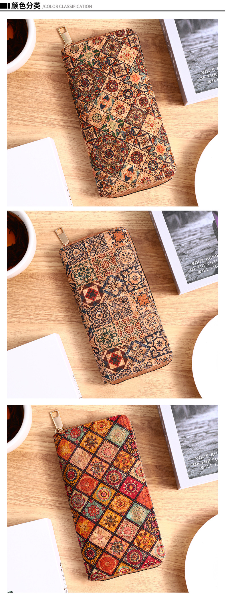 Portefeuille multifonctionnel bohème à plusieurs fentes, portefeuille en grain de bois, porte-cartes artistique pour femme, petit sac en PU_voghion.com