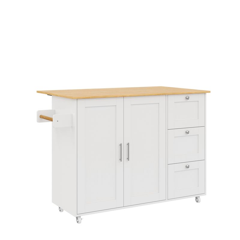 Mobiler Küchentisch Eichenholz, Klappbar, 3 Schubladen, Handtuchhalter 135x90cm_voghion.com