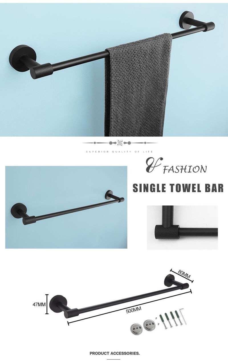 Porte-serviettes transversal noir muet, porte-mouchoirs, crochet à vêtements, brosse de toilette, pot de savon, anneau porte-serviettes, pendentif de salle de bain moleté en acier inoxydable_voghion.com