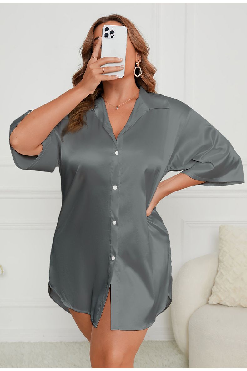 Large Size Ice Silk Nightdress Women's Loose Short Sleeve Shirt Skirt Loungewear Women's_voghion.com