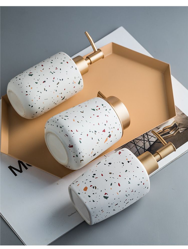 Nordic Terrazzo Ceramic Dispenser Bottle Set – Refillable Soap, Shampoo & Lotion Pump Bottles (3-Piece, Handmade Matte Glaze, Hotel & Home Decor)_voghion.com