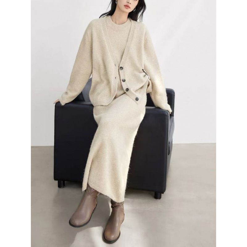 Lazy Style Two-Piece Sweater For Women, Autumn And Winter New Fashionable Elegant Knitted Cardigan, Mid-Length Dress Set_voghion.com