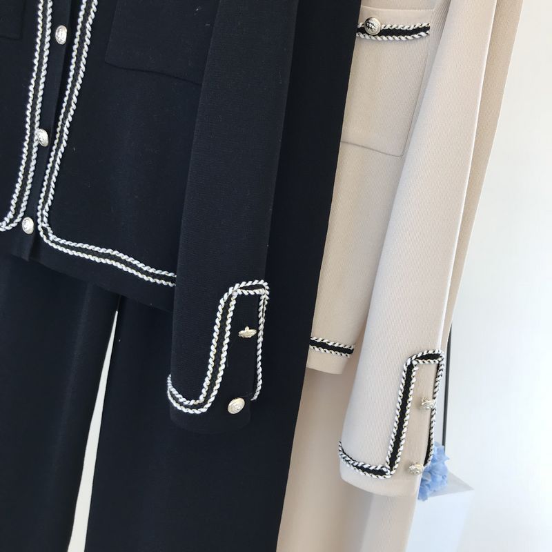 Kadın moda yuvarlak boyun örme hırka üst geniş bacak pantolon iki parçalı set_voghion.com