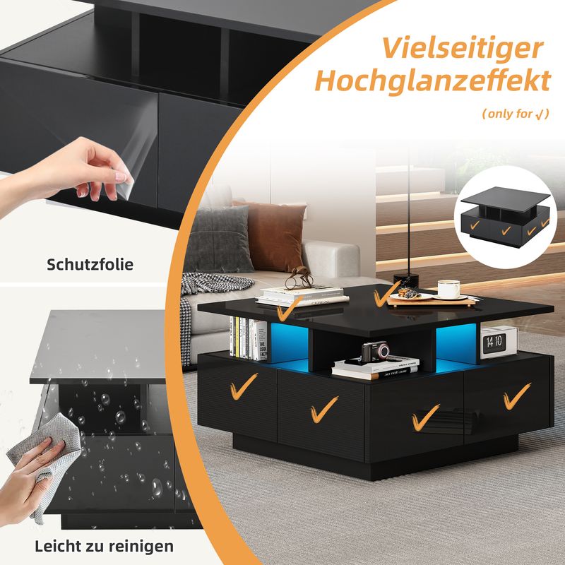 Table basse de salon noire brillante 70 x 70 x 40 cm avec éclairage LED, table d'appoint à 4 tiroirs, design géométrique, capacité de charge de 30 kg._voghion.com