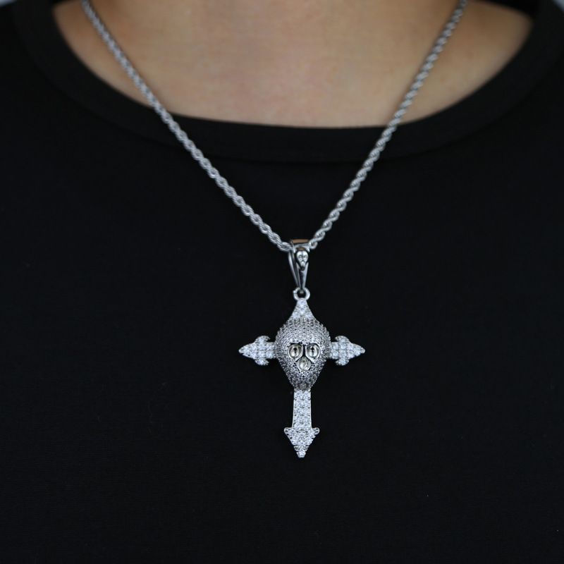 New Skull Cross Pendant Set with Zircon Hip Hop Necklace Jewelry_voghion.com
