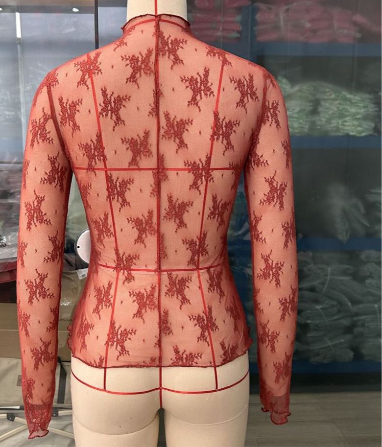 Lace Top With Semi-high Collar And See-through Mesh Base Layer; Sexy_voghion.com