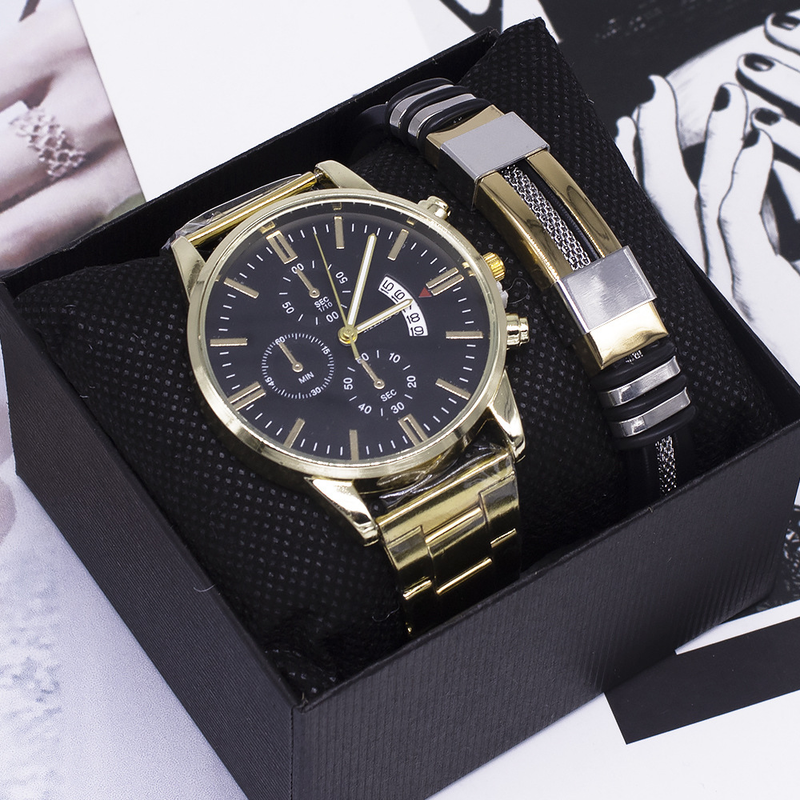 Handgelenk Zweiteiliges Armband-Set Business Fashion Kalender Nicht-mechanische Herrenuhr_voghion.com