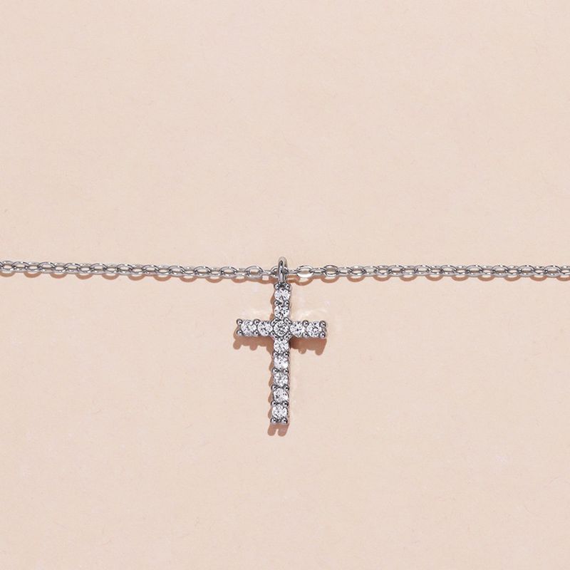 Pendentif croix en zircon incrusté de cuivre à la mode, chaîne en os, personnalité féminine, luxe léger, style ins, accessoire polyvalent_voghion.com