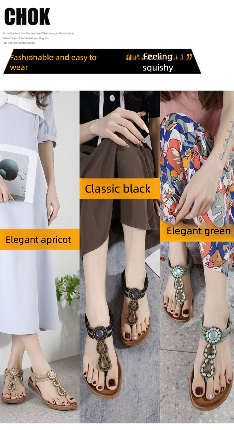 2025 New Style Sandals Bohemian Rhinestone Comfortable Round Toe Beach Vacation Large Size Flat Shoes_voghion.com