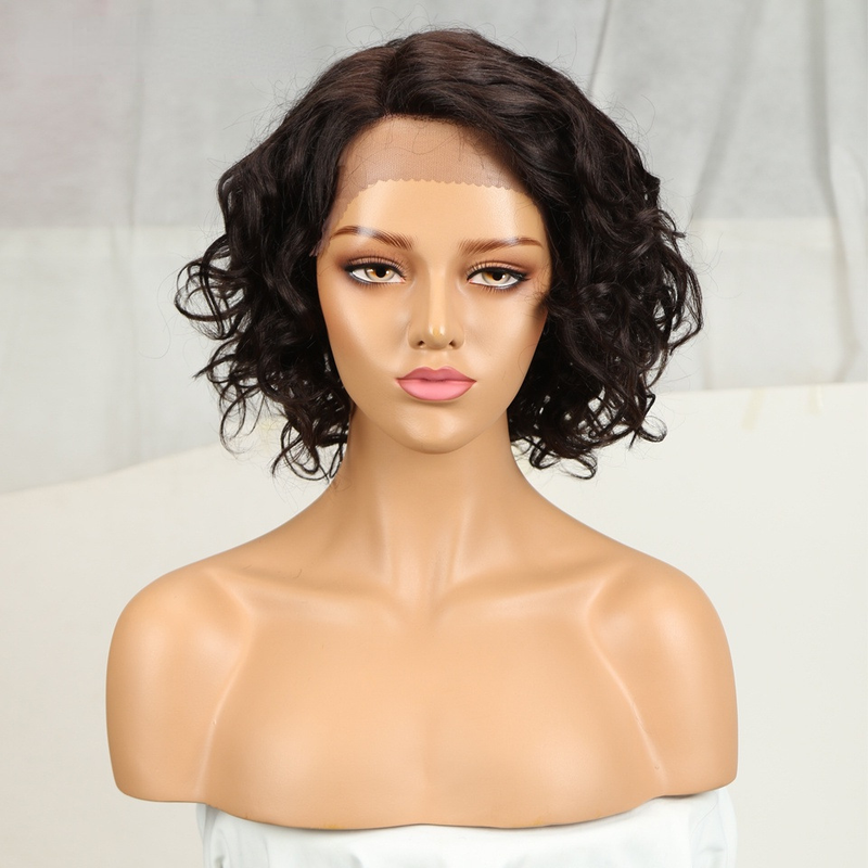 Peluca negra afro esponjosa de 12 pulgadas con encaje en la frente parcial y tocado completo Cabello humano_voghion.com