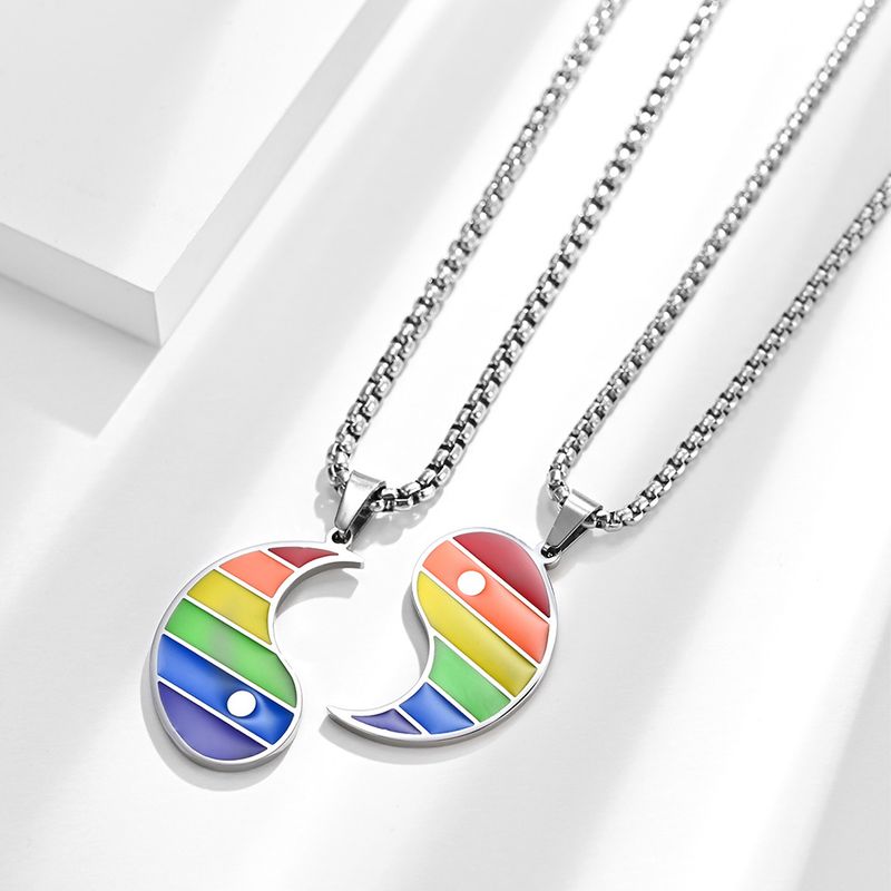Rainbow Tai Chi diagram Yin Yang fish couple titanium steel pendant necklace jewelry_voghion.com