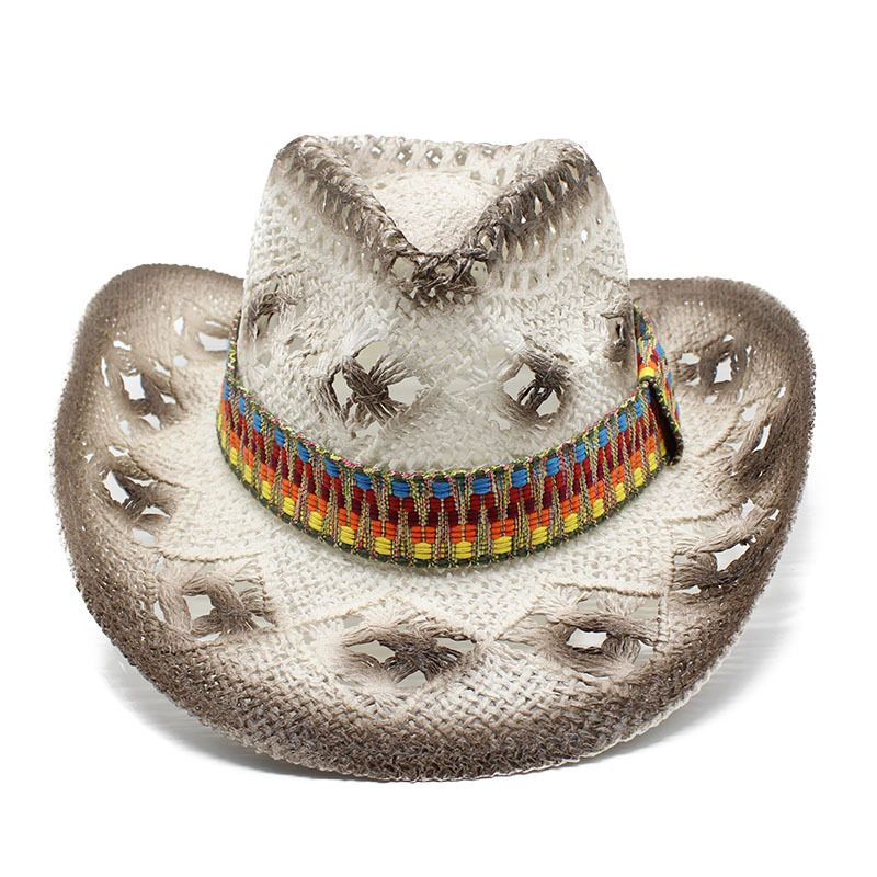2022 Spring/Summer New Ethnic Style Woven Hollow for Men and Women Summer Sunscreen Western Cowboy Straw Hat_voghion.com